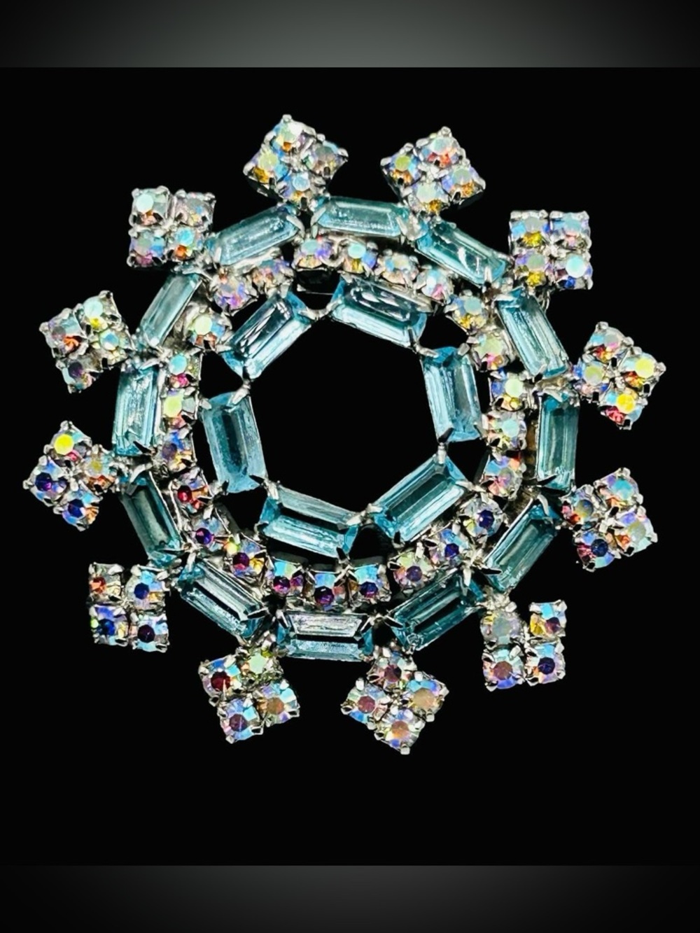 Vintage AB Rhinestone Blue Baguette Circle Brooch
